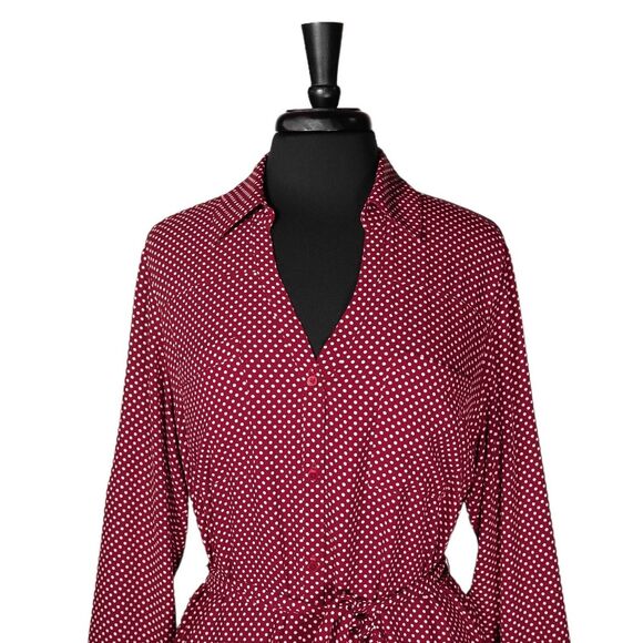 Express Women's Shirt Dress Button Up Red White Polka Dot Belted V-Neck Lined L - Picture 6 of 9